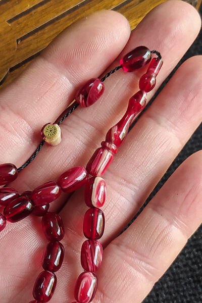 6X9 mm Bürokrat Boy Vişne Beyaz Hareli Sıkma Kehribar Tesbih Usta İşçilikli Diyarbakır Model Tespih