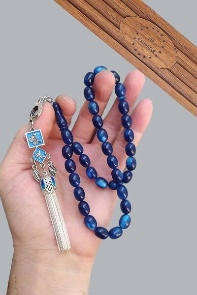 Babalar Gününe Özel 8*11  mm Kapsül Simli Kehribar Mavi Tesbih Fares Baydoun Tespih