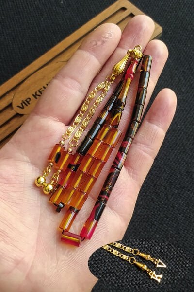 5,5x10 mm Kesme Ateşi Kehribar Tesbih İsme Özel Kişiselleştirilebilir Ahşap Kutulu Tespih