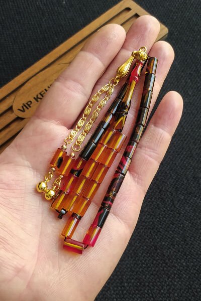 5,5x10 mm Kesme Ateşi Kehribar Tesbih İsme Özel Kişiselleştirilebilir Ahşap Kutulu Tespih