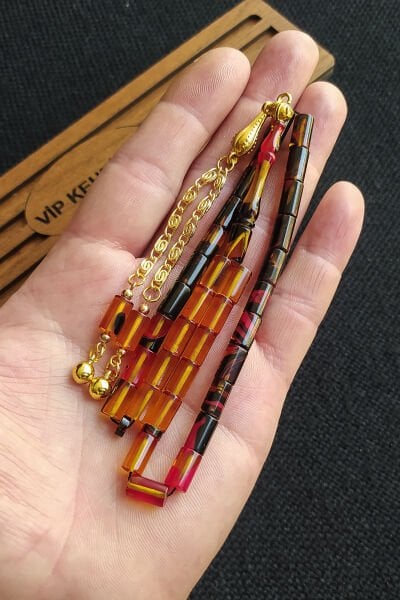 5,5x10 mm Kesme Ateşi Kehribar Tesbih İsme Özel Kişiselleştirilebilir Ahşap Kutulu Tespih