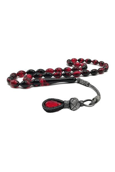 1000 Ayar Gümüş Trabzon Kazaziye Ateşi Kehribar Tesbih Kırmızı Siyah 7*11 mm Beyzi Kesim Tespih Renk Alma ve Koku Verme Garantili