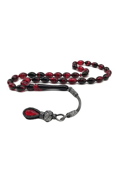 1000 Ayar Gümüş Trabzon Kazaziye Ateşi Kehribar Tesbih Kırmızı Siyah 7*11 mm Beyzi Kesim Tespih Renk Alma ve Koku Verme Garantili