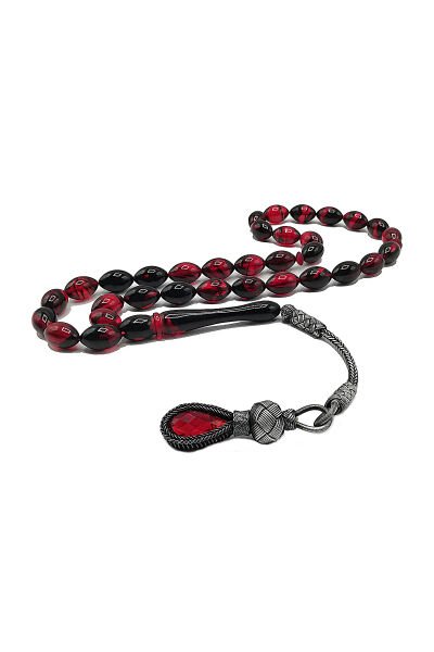 1000 Ayar Gümüş Trabzon Kazaziye Ateşi Kehribar Tesbih Kırmızı Siyah 7*11 mm Beyzi Kesim Tespih Renk Alma ve Koku Verme Garantili