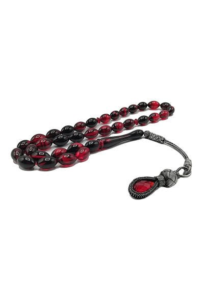 1000 Ayar Gümüş Trabzon Kazaziye Ateşi Kehribar Tesbih Kırmızı Siyah 7*11 mm Beyzi Kesim Tespih Renk Alma ve Koku Verme Garantili