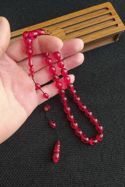 8x11 mm Mesut Elma Usta İşçilikli Kırmızı Zar Kehribar Tesbih İmzalı Sistemli Tespih Ahşap Kutulu