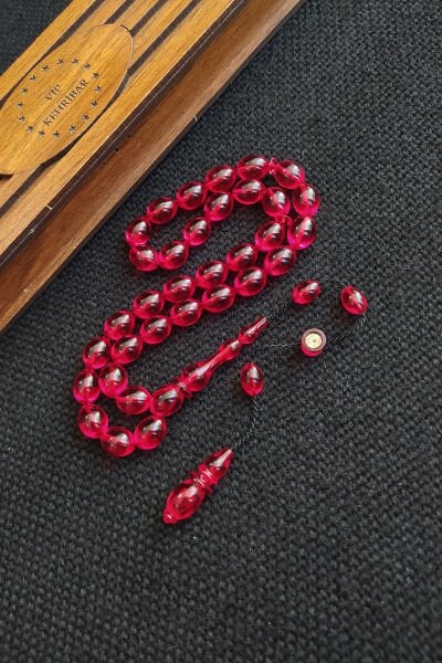 8x11 mm Mesut Elma Usta İşçilikli Kırmızı Zar Kehribar Tesbih İmzalı Sistemli Tespih Ahşap Kutulu