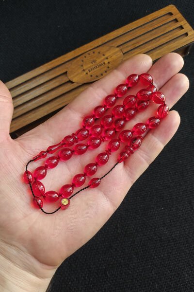 8x11 mm Mesut Elma Usta İşçilikli Kırmızı Zar Kehribar Tesbih İmzalı Sistemli Tespih Ahşap Kutulu