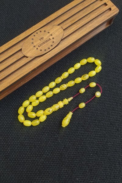 8x11 mm Mesut Elma Usta İşçilikli Sarı Sıkma Kehribar Tesbih İmzalı Sistemli Tespih Ahşap Kutulu