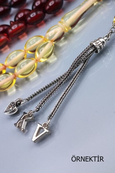 Sevgiliye Özel Mesajlı Ateşi Kehribar Tesbih - İsme Özel 6x11 mm Sarı Siyah Tespih - Ahşap Kutulu