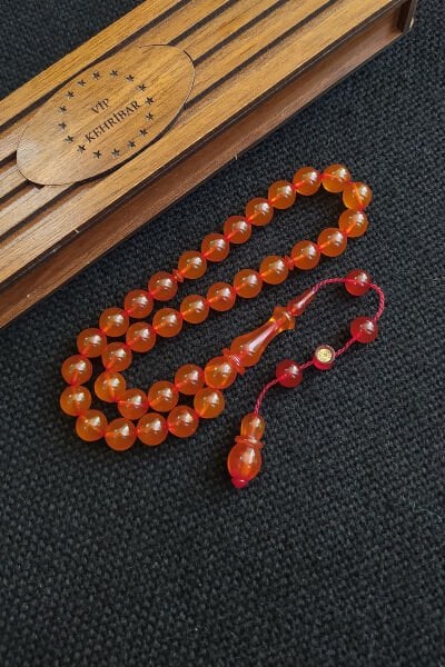 10x10 mm Mesut Elma Usta İşçilikli Yemen Zar Kehribar Tesbih İmzalı Sistemli Tespih Ahşap Kutulu