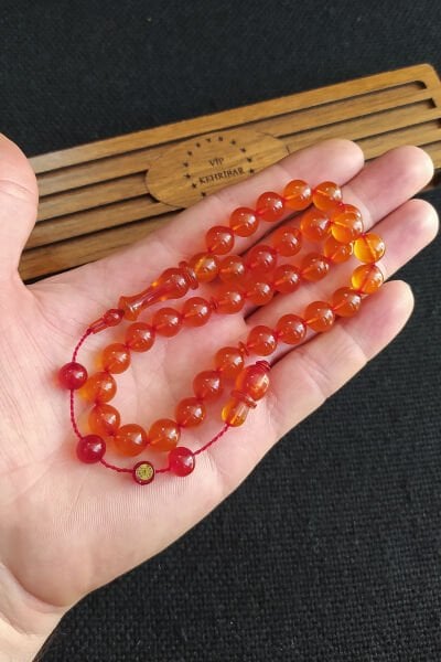 10x10 mm Mesut Elma Usta İşçilikli Yemen Zar Kehribar Tesbih İmzalı Sistemli Tespih Ahşap Kutulu