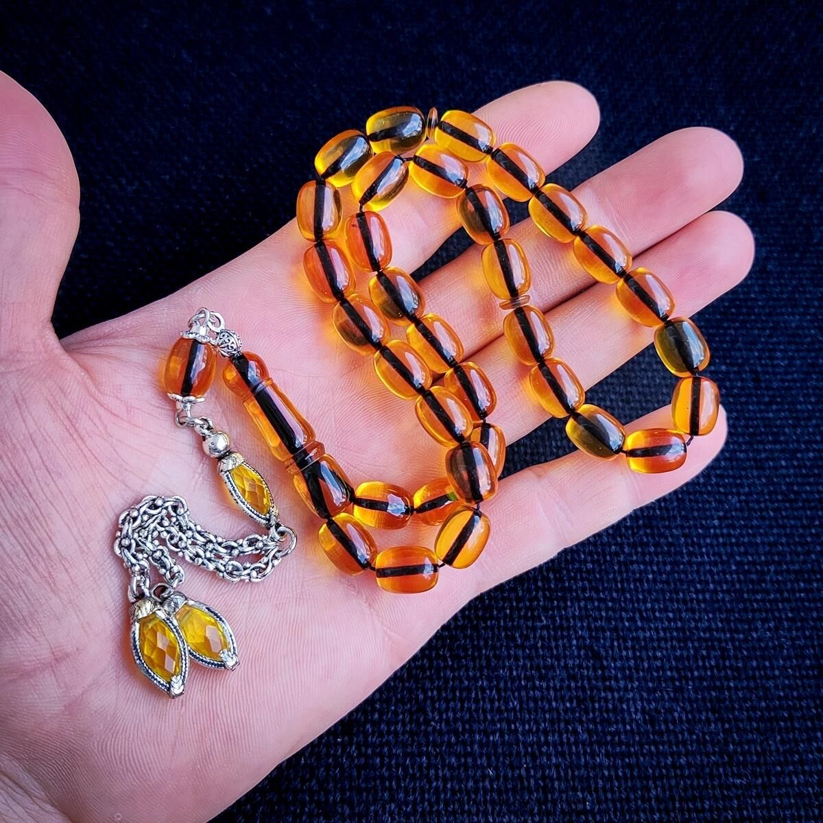 Kişiye Özel 9x12 mm Altın Rengi Ateşi Kehribar Tesbih | Taraftar Tesbih