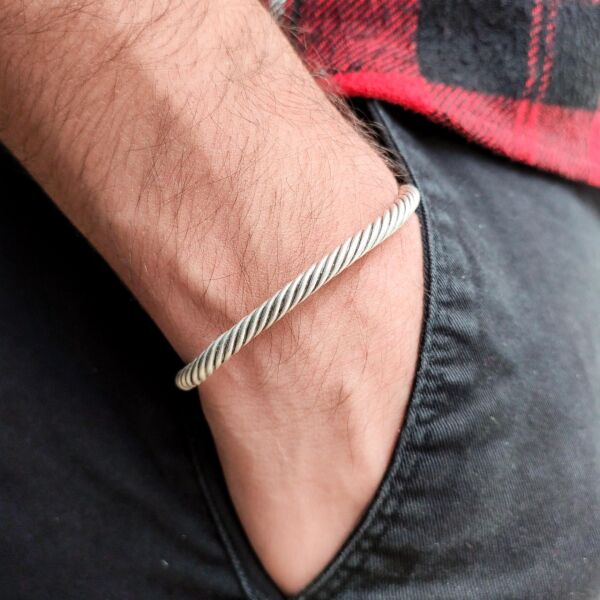 El Yapımı Ayarlanabilir Bakır Bilezik Gümüş Kaplama Kelepçe Stress Bilekliği