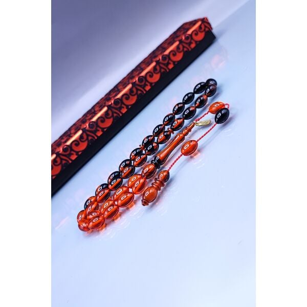 7x11 mm Beyzi Mustafa Uysal İmzalı Turuncu Siyah Ateşi Kehribar Tesbih