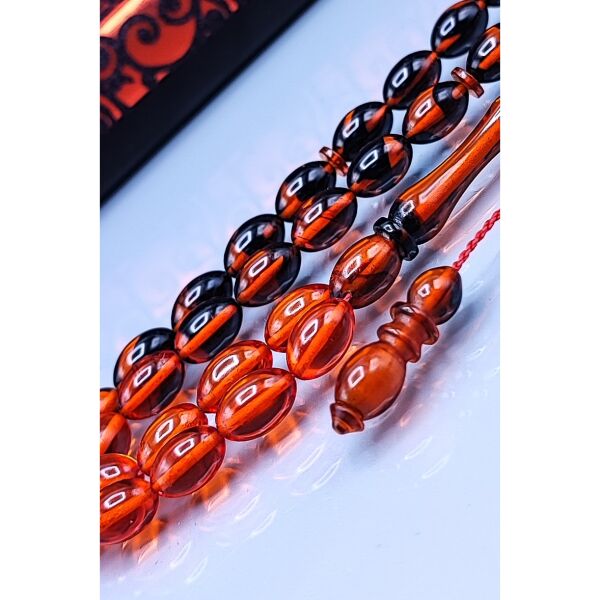 7x11 mm Beyzi Mustafa Uysal İmzalı Turuncu Siyah Ateşi Kehribar Tesbih