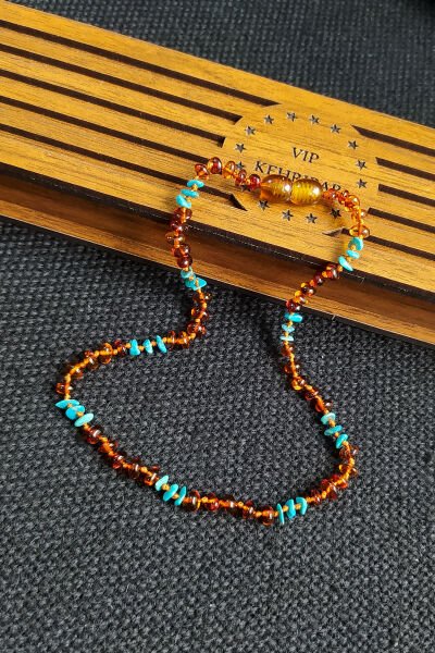 Sertifikalı Turkuaz Doğaltaşlı Konyak Rengi Kehribar Kolye Kız Erkek Bebek Diş Kolyesi 4-7 Yaş 35 cm