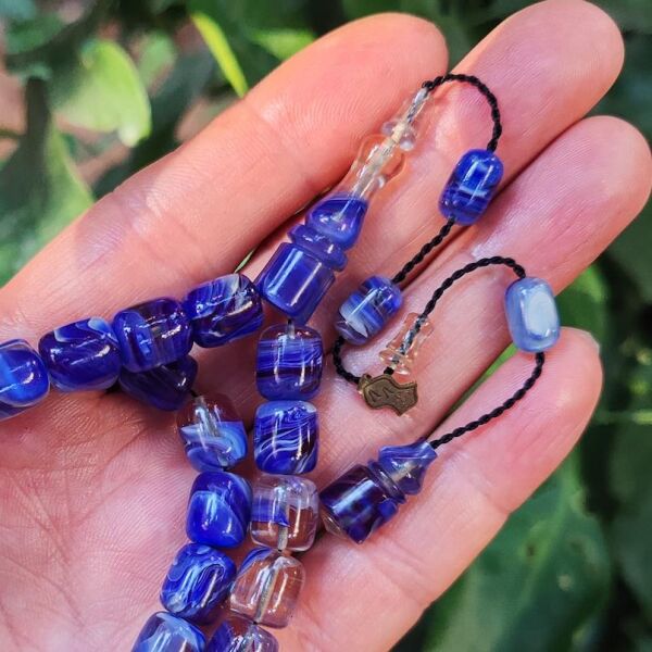 10x9 mm Ali Agiş Usta İşçilikli Mavi Şeffaf Ateşi Kehribar Tesbih - Şeffaf Delim Tespih