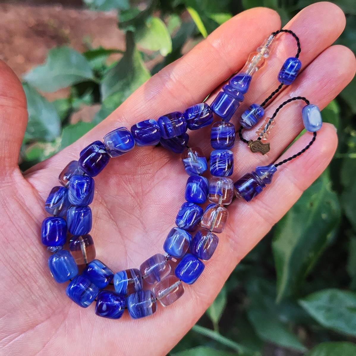 10x9 mm Ali Agiş Usta İşçilikli Mavi Şeffaf Ateşi Kehribar Tesbih - Şeffaf Delim Tespih