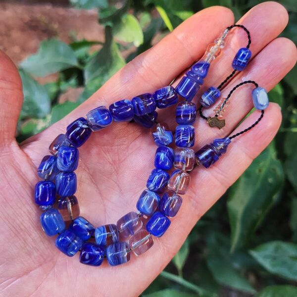 10x9 mm Ali Agiş Usta İşçilikli Mavi Şeffaf Ateşi Kehribar Tesbih - Şeffaf Delim Tespih