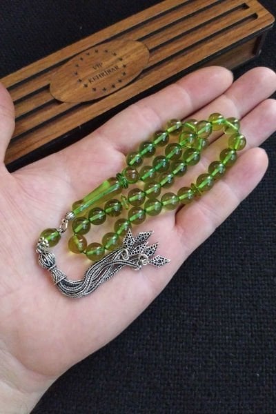 7 mm Küre Sertifikalı Doğal Kaya Damla Kehribar Tesbih Yeşil Karayip Kehribarı 925 Ayar Gümüş Püskül