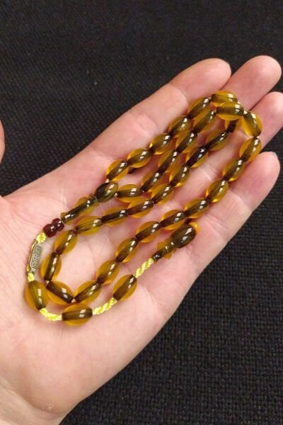 Muhammed Dabbas Usta İmzalı Helezon Damarlı Sıkma Kehribar Tesbih Ahşap Kutulu Püskül Hediyeli