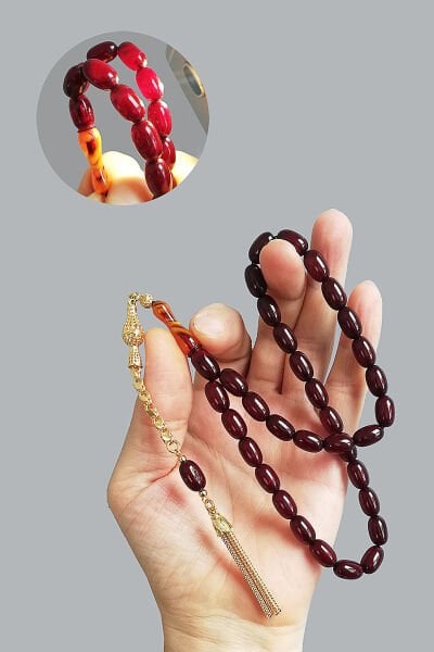 Havşa Delim 7*12 mm Kolye Model Sıkma Kehribar Tesbih Tıraşlı İmame Pullu Altın Kaplama Püskül