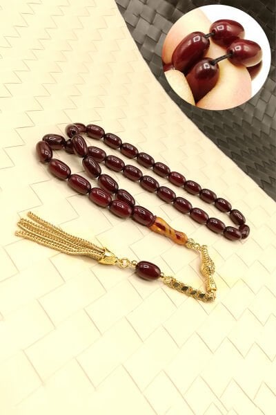 Havşa Delim 7*12 mm Kolye Model Sıkma Kehribar Tesbih Tıraşlı İmame Pullu Altın Kaplama Püskül