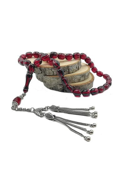 9*12 mm Kırmızı Siyah Faris Usta Ateşi Kehribar Tesbih Mikron Gümüş Kaplama Sıkma Zar Ateşi Tespih