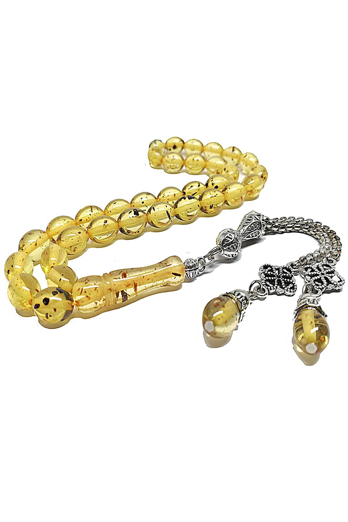 Parçalı Fosilli 8*10 mm Beyzi Kesim Toz Kehribar Tesbih Süpürge Püsküllü Tespih