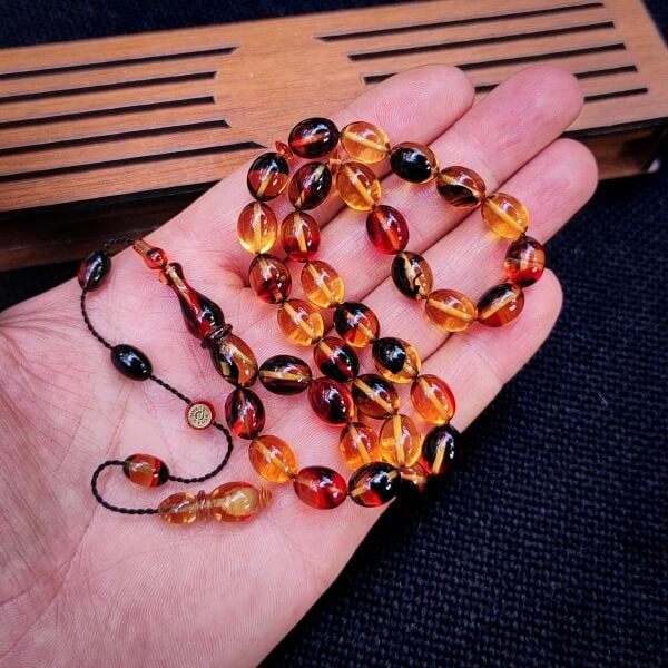 8x11 mm Hassas Delim Renk Cümbüşü Ateşi Kehribar Tesbih | Ayhan Turan Usta İmzalı Tespih