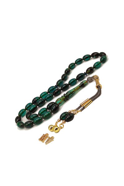 7*11 mm Beyzi Kesim Turkuaz Siyah Ateşi Kehribar Tesbih Sarı Siyah Püsküllü Tespih