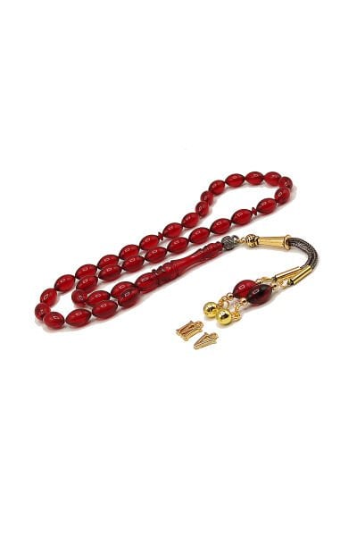 7*11 mm Beyzi Kesim Vişne Rengi Ateşi Kehribar Tesbih Sarı Siyah Püsküllü Tespih