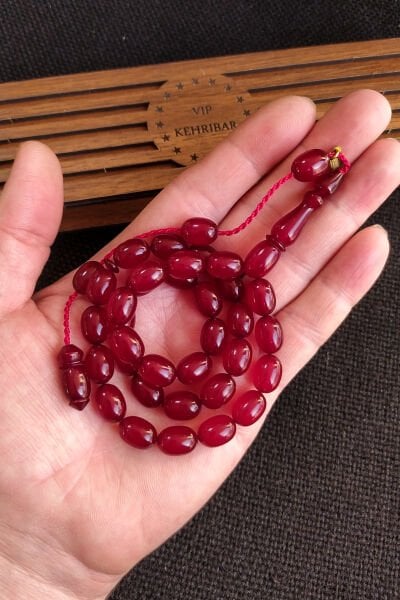 9x12 mm Ebu Sırr İmzalı Vişne Zar Kehribar Tesbih, Osmanlı Benzetme Tespih