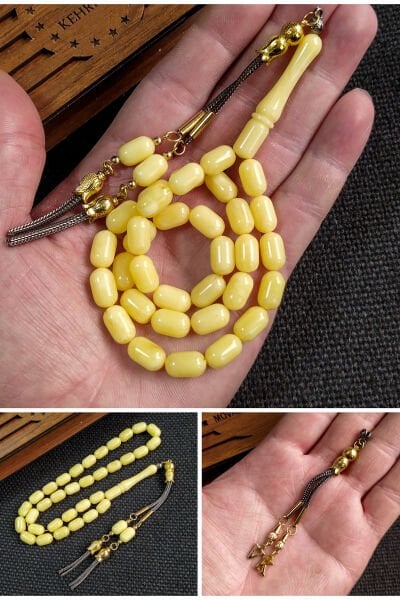 7*11 mm Beyrut Kehribar Tesbih Kişiselleştirilebilir İsme Özel Tespih Ahşap Kutulu