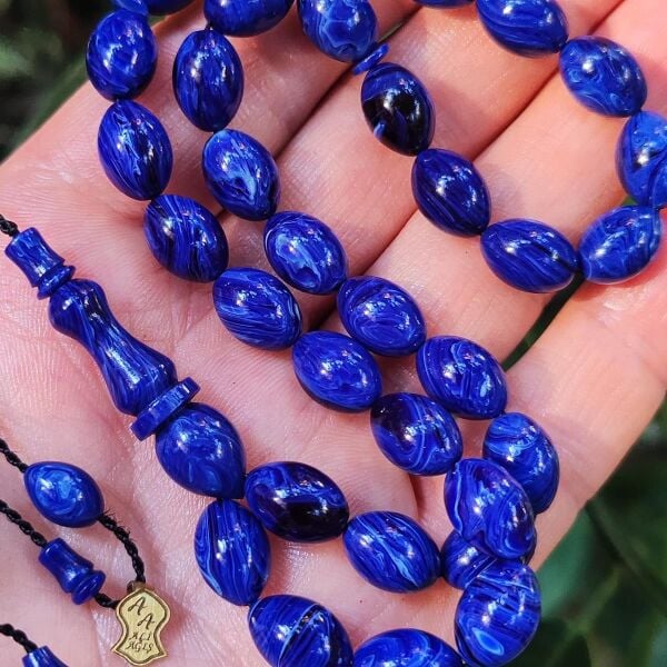 8x11 mm Ali Agiş Usta İşçilikli Mavi Hareli Sıkma Kehribar Tesbih - Şeffaf Delim Tespih