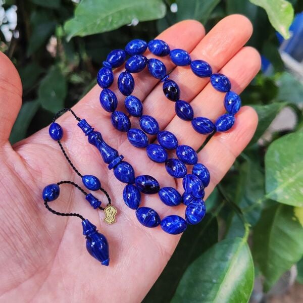 8x11 mm Ali Agiş Usta İşçilikli Mavi Hareli Sıkma Kehribar Tesbih - Şeffaf Delim Tespih