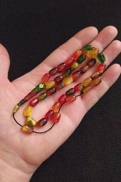 Fares Baydoun Usta İşçilikli Renk Cümbüşü Sıkma Kehribar Tesbih Ahşap Kutulu Püskül Hediyeli Tespih