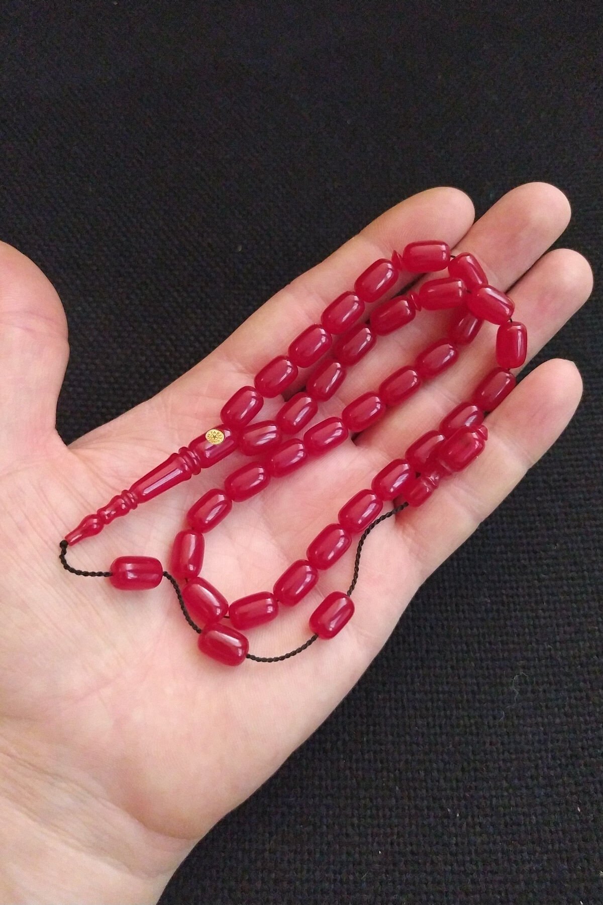 Fares Baydoun Usta İşçilikli Kırmızı Zar Kehribar Tesbih Faris Beydun İmzalı Tespih Ahşap Kutulu