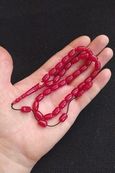 Fares Baydoun Usta İşçilikli Kırmızı Zar Kehribar Tesbih Faris Beydun İmzalı Tespih Ahşap Kutulu