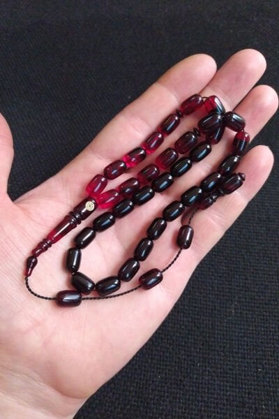 Fares Baydoun Usta İşçilikli Kırmızı Siyah Ateşi Kehribar Tesbih Ahşap Kutulu Püskül Hediyeli