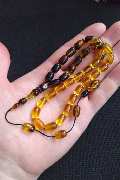 Fares Baydoun Usta İşçilikli Sarı Siyah Ateşi Kehribar Tesbih Ahşap Kutulu Püskül Hediyeli Tespih