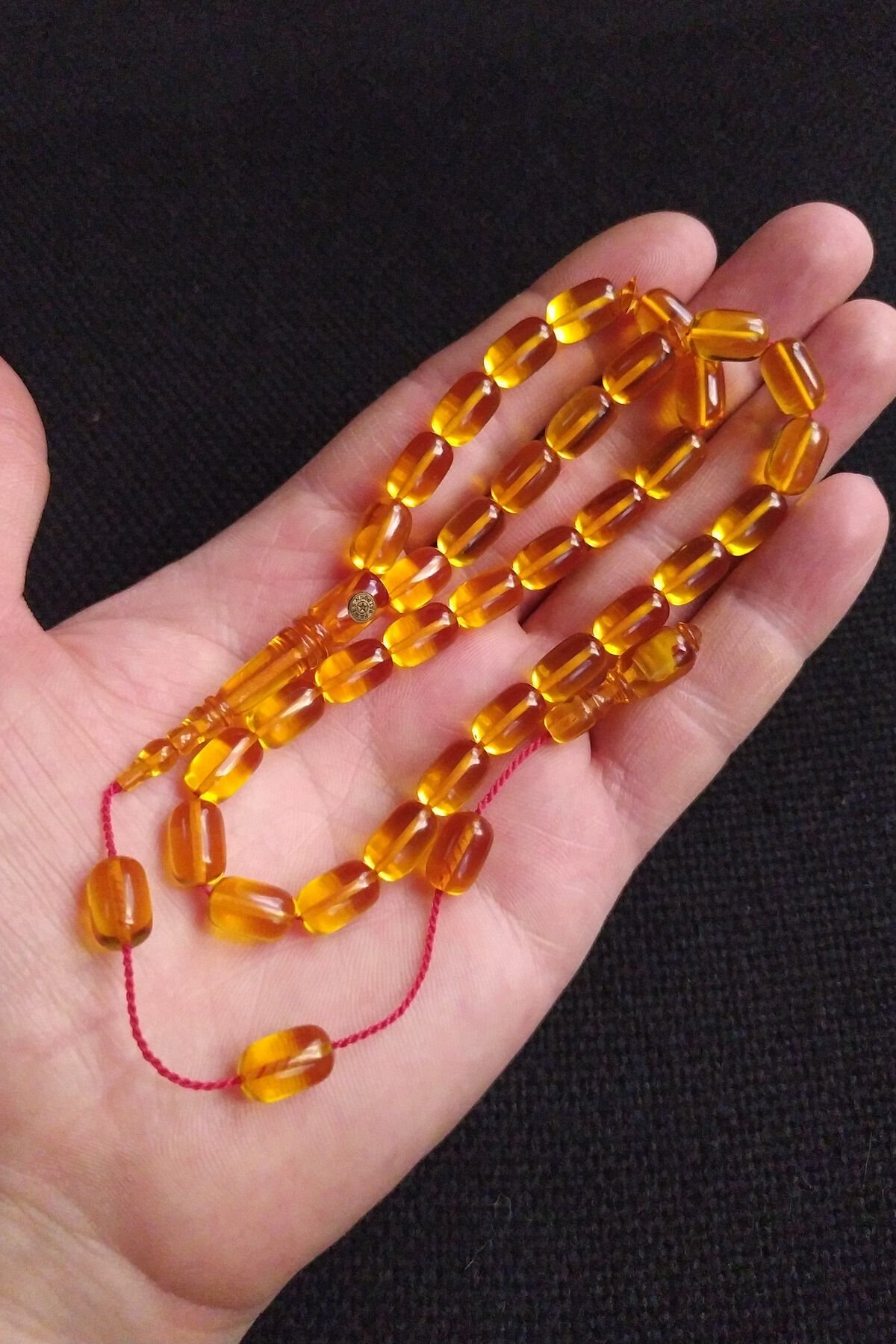 Fares Baydoun Usta İşçilikli Altın Rengi Ateşi Kehribar Tesbih Ahşap Kutulu Püskül Hediyeli Tespih