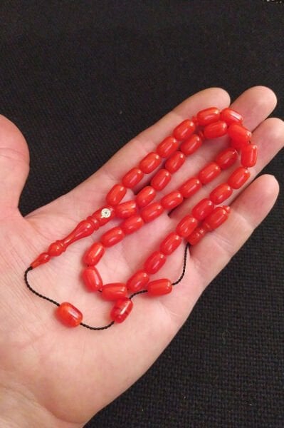 Fares Baydoun Usta İşçilikli Turuncu Hareli Sıkma Kehribar Tesbih Faris Beydun Tespih Ahşap Kutulu