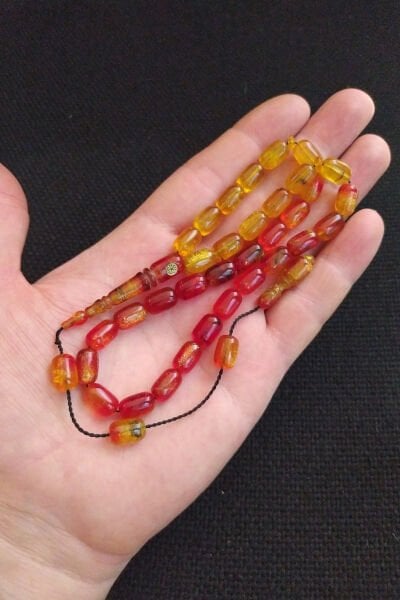 Fares Baydoun Usta İşçilikli Sarı Kırmızı Sıkma Kehribar Tesbih Ahşap Kutulu Püskül Hediyeli Tespih