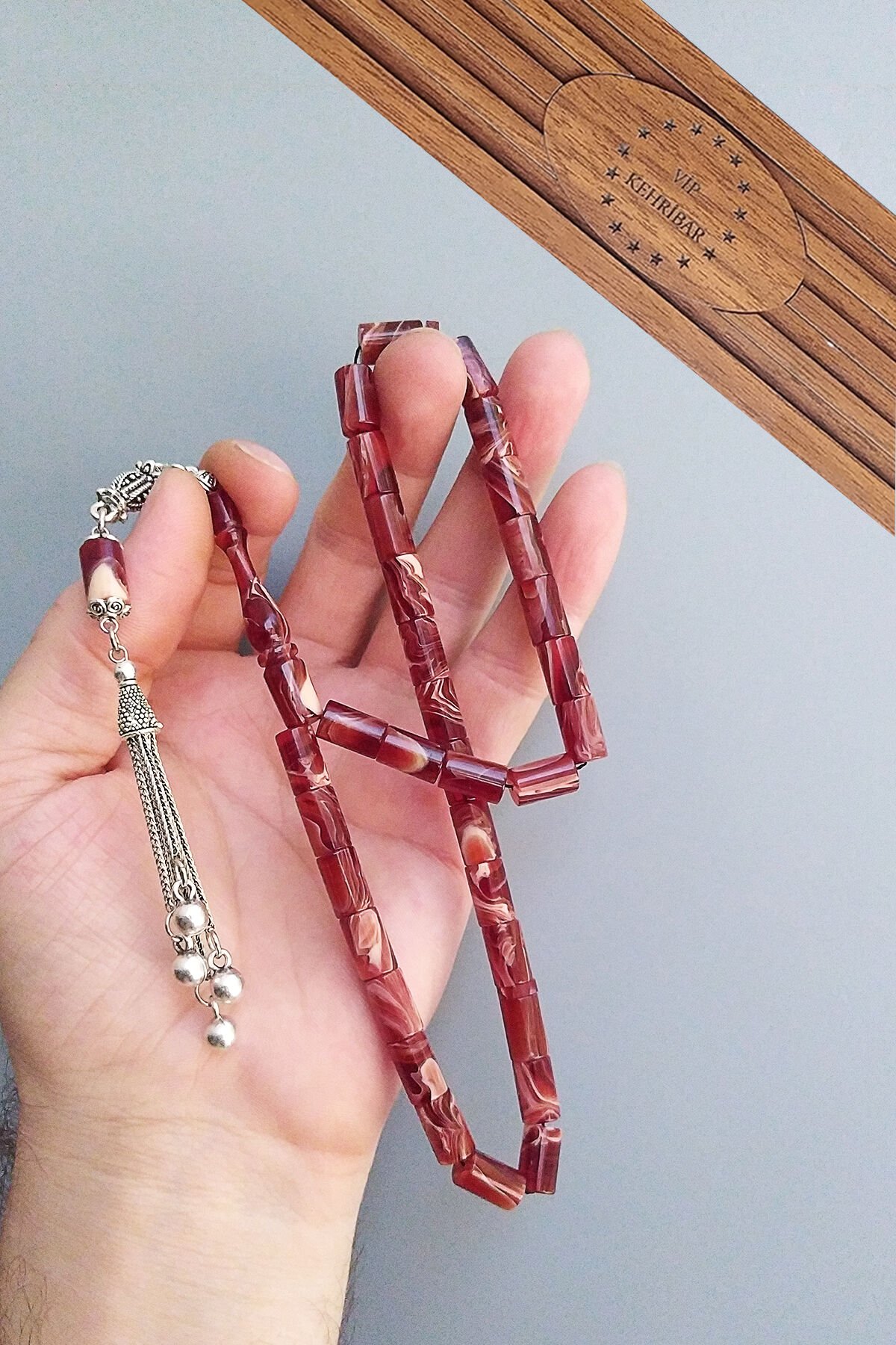 7*11 mm Kesme Sıkma Kehribar Kahve Beyaz Tesbih Özel Tasarım Püsküllü Tespih