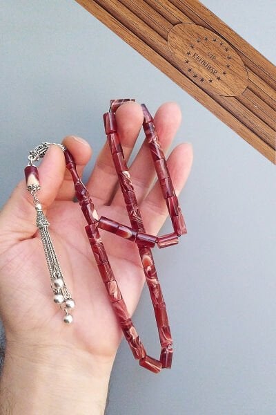 7*11 mm Kesme Sıkma Kehribar Kahve Beyaz Tesbih Özel Tasarım Püsküllü Tespih