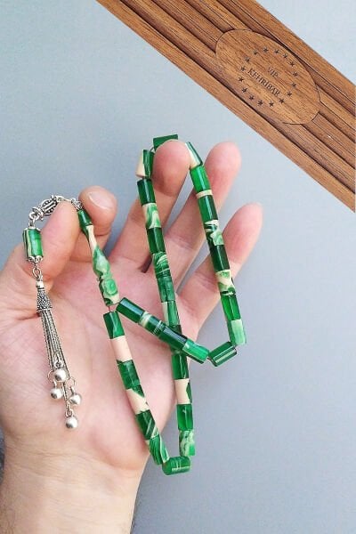 7*11 mm Kesme Sıkma Kehribar Yeşil Beyaz Tesbih Özel Tasarım Püsküllü Tespih