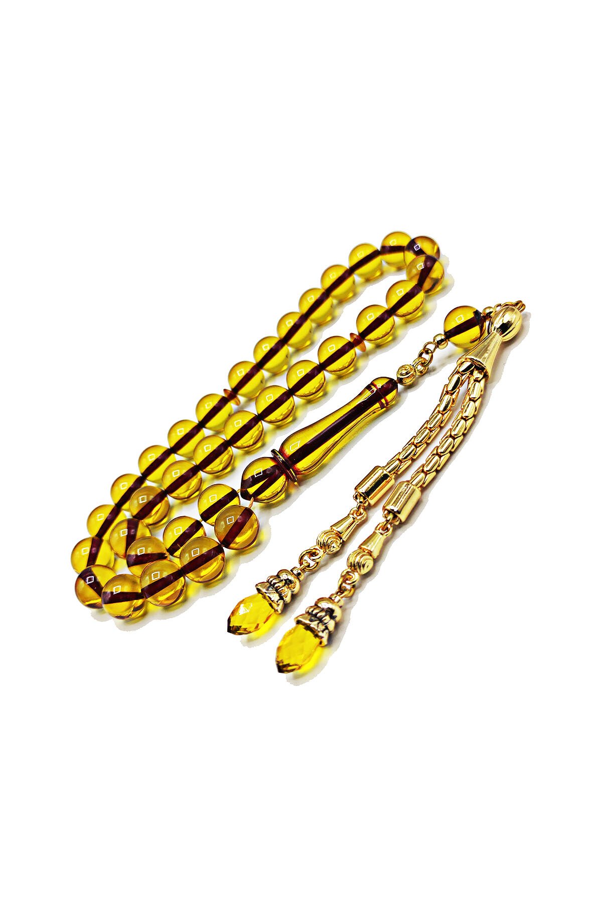 9 mm Küre Altın Rengi Ateşi Kehribar Tesbih Rodaj Kaplama Püsküllü Faris Usta Tespih Fares Baydoun