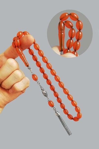 7*11 mm Beyzi Kesim Mişmişi Rengi Sıkma Kehribar Tesbih Faris Usta Miş Miş Tespih